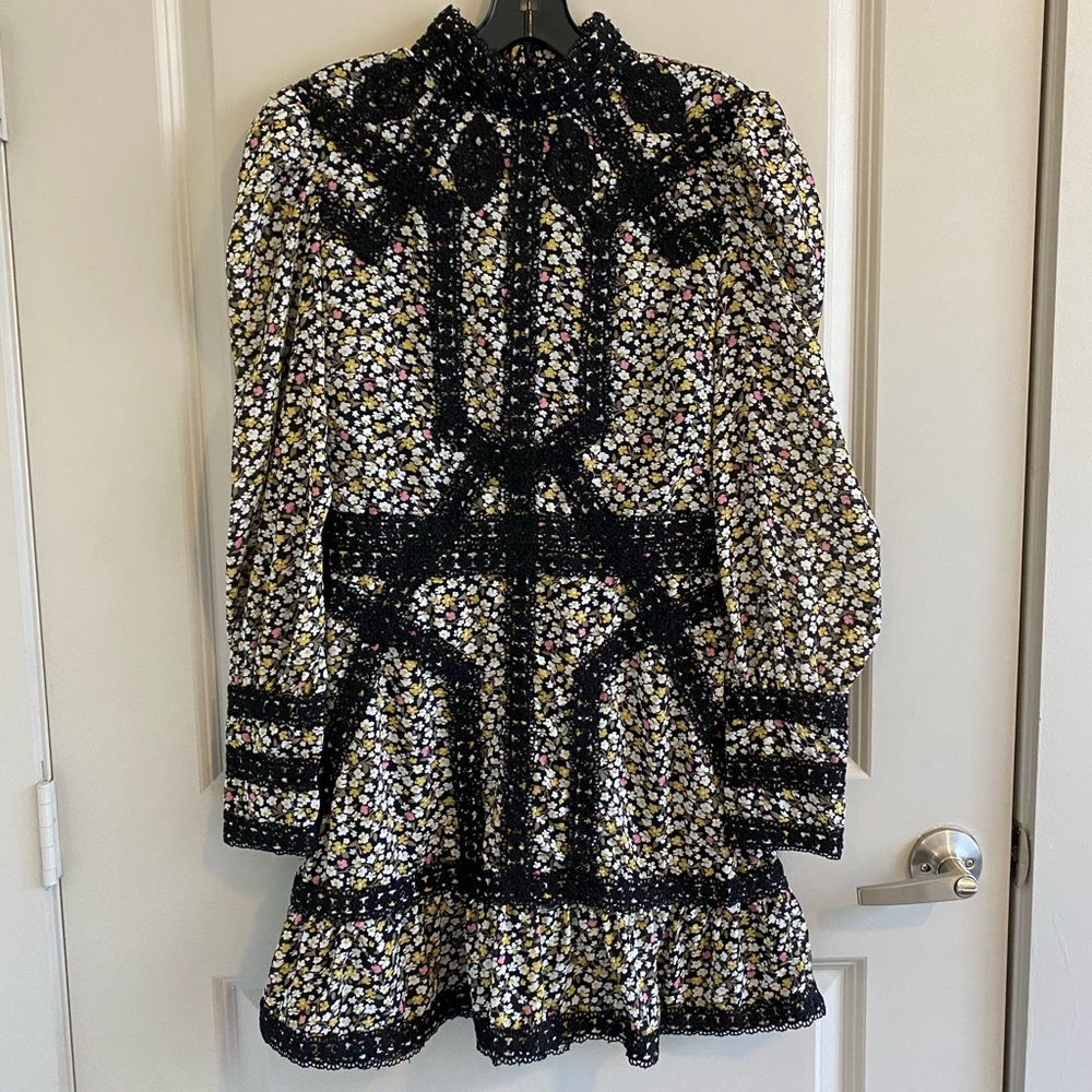 Topshop Crochet Trim Floral Long Sleeve Dress, US 6